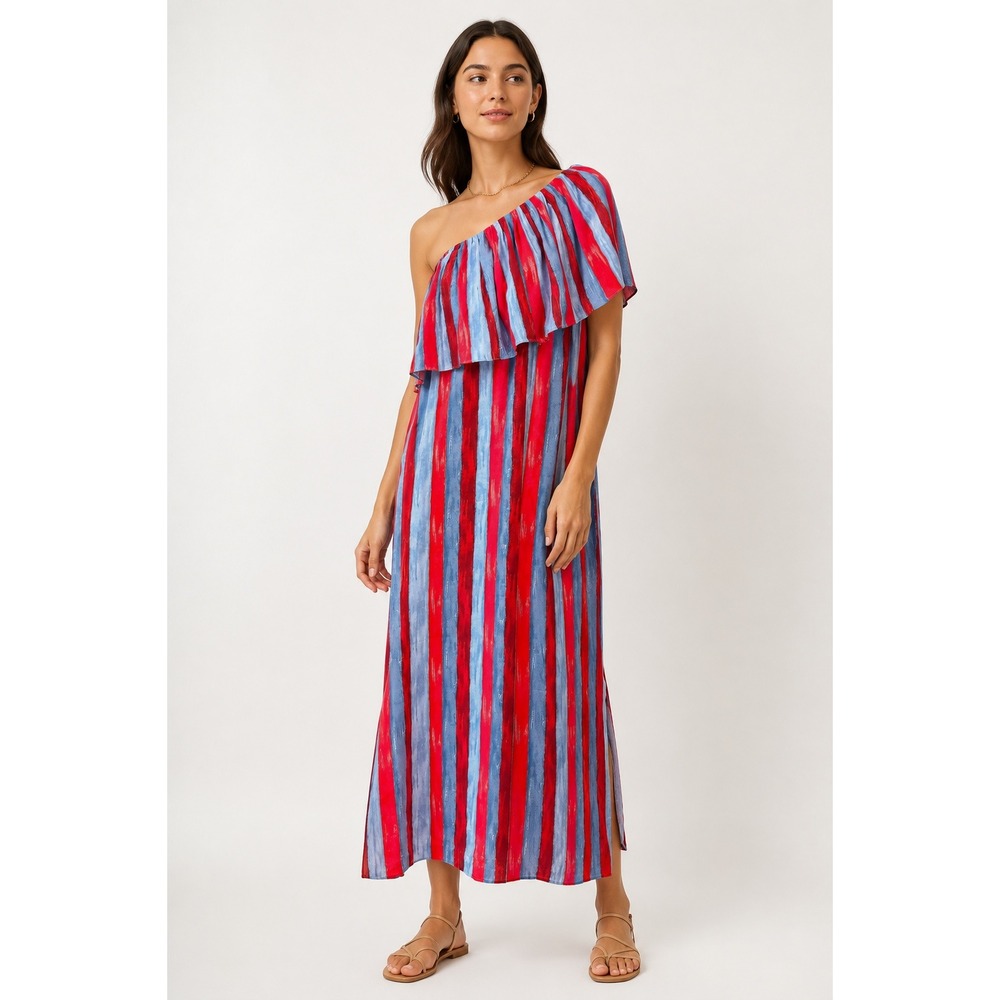 Tuckernuck Pomander Place Red Blue Striped One Shoulder Ruffle Maxi Dress M